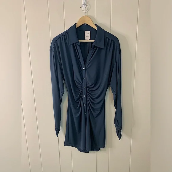 Cinq A Sept Arden Ruched Matte Jersey Shirtdress Laguna Blue Size Small